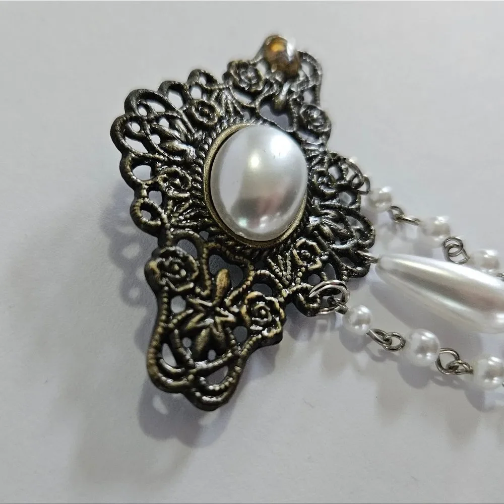 Vintage Faux Pearl Teardrop Filigree Dangle Chains Victorian Style Brooch Pin